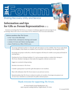 Information and tips for GRs as Forum Representatives (F-2) Announce at meetings that The Forum, as a concept, is Conference approved, and encourage its use in meetings.